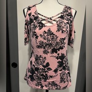 Free Kisses Floral Cold Shoulder Top - Pink and Black